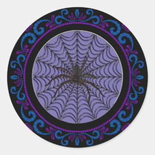 Blue Lila Spider Web und Black Spider Halloween Runder Aufkleber
