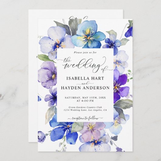 Blue Lila Spring Blume in 1 QR Code Wedding Einladung (Vorne/Hinten)