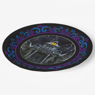 Blue Lila Spuk House Halloween Pappteller