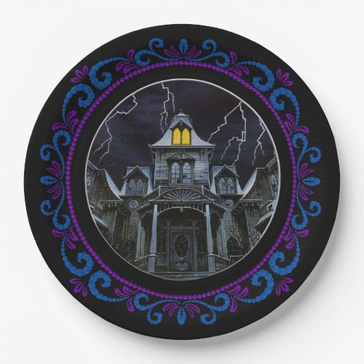 Blue Lila Spuk House Halloween Pappteller (Vorderseite)