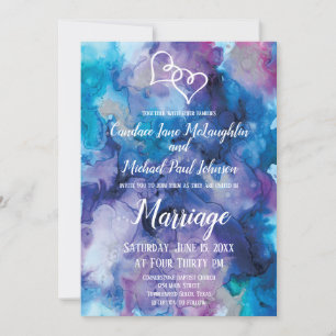 Blue Lila Watercolor Double Hearts Wedding Invit Einladung