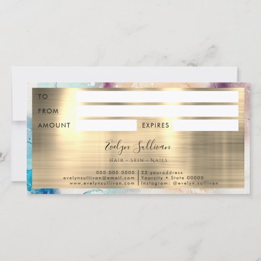 Blue Lila Watercolor Gold Fossil Geschenkgutschein (Rückseite)