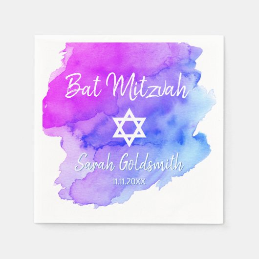 Blue Lila Watercolor Star von David Bat Mitzvah Serviette (Vorderseite)