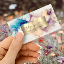 Blue Lila Watercolor und Gold Foil Business Card