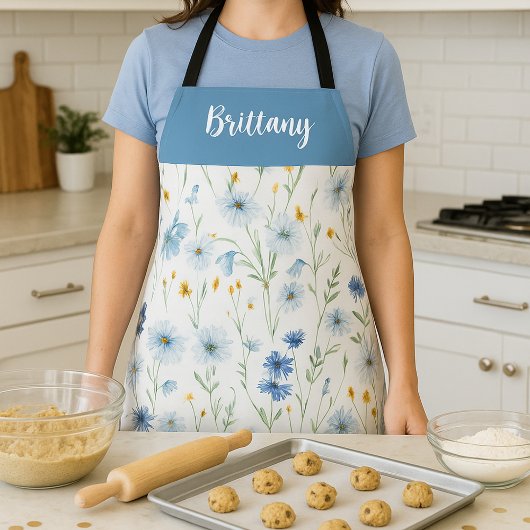 Blue Lila Watercolor Wildblume Individuelle Name Schürze