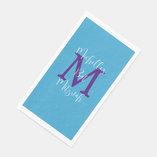 Blue Lila White Bat Mitzvah Name Monogram Serviette (Ecke)