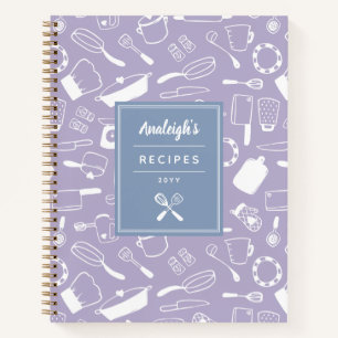Blue Lila White Hand Drawing Kitchenware Rezepte Notizblock