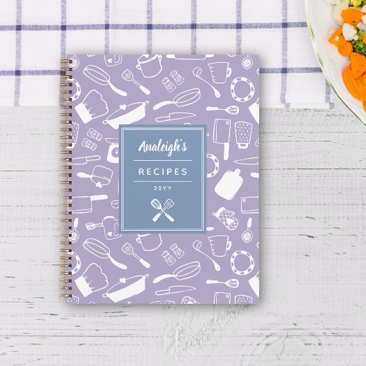 Blue Lila White Hand Drawing Kitchenware Rezepte Notizblock
