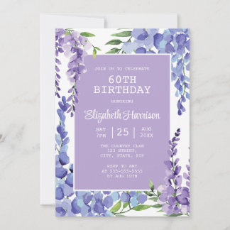 Blue Lila Wisteria Floral 60. Geburtstag Einladung