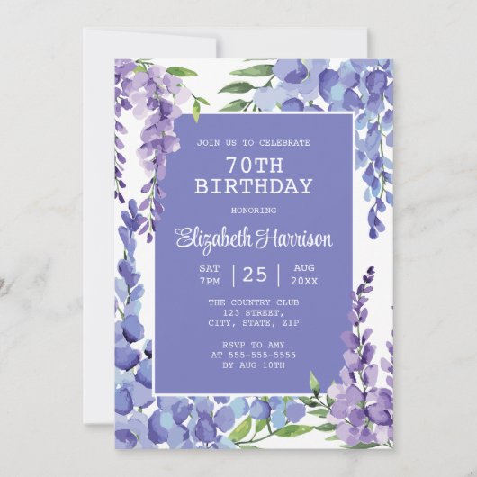Blue Lila Wisteria Floral 70. Geburtstag Einladung (Vorderseite)