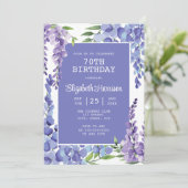 Blue Lila Wisteria Floral 70. Geburtstag Einladung (Stehend Vorderseite)