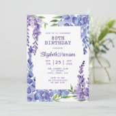 Blue Lila Wisteria Floral 80. Geburtstag Einladung (Stehend Vorderseite)