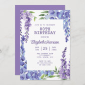 Blue Lila Wisteria Floral 80. Geburtstag Einladung (Vorne/Hinten)