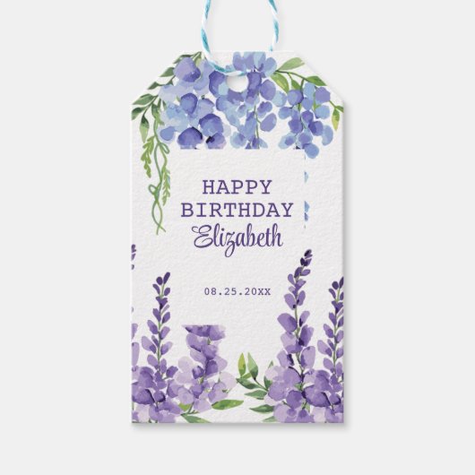 Blue Lila Wisteria Floral Greenery Geburtstag Geschenkanhänger (Vorderseite)