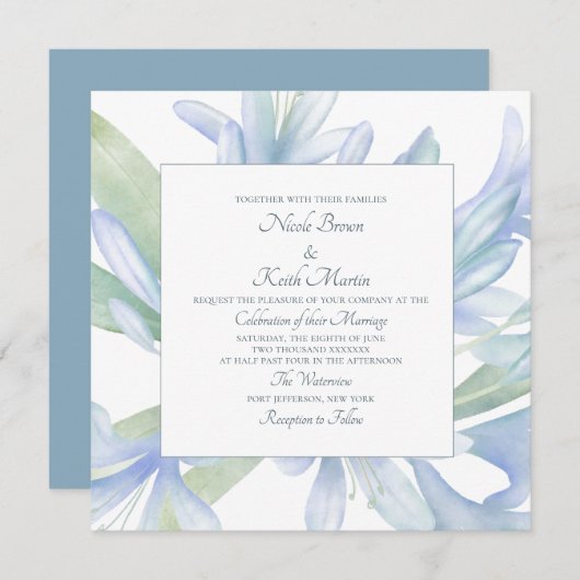 Blue Lilies Watercolor Wedding Square Einladung (Vorne/Hinten)