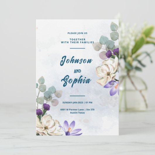 Blue Lilies Wedding Card Design Einladung (Stehend Vorderseite)