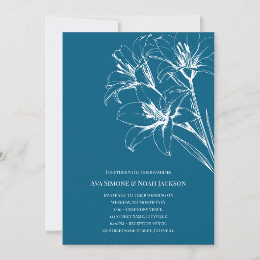 Blue Lily Kontur Blue Wedding Einladung (Vorderseite)