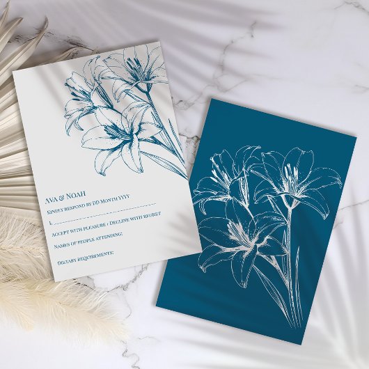 Blue Lily Kontur Wedding RSVP Karte
