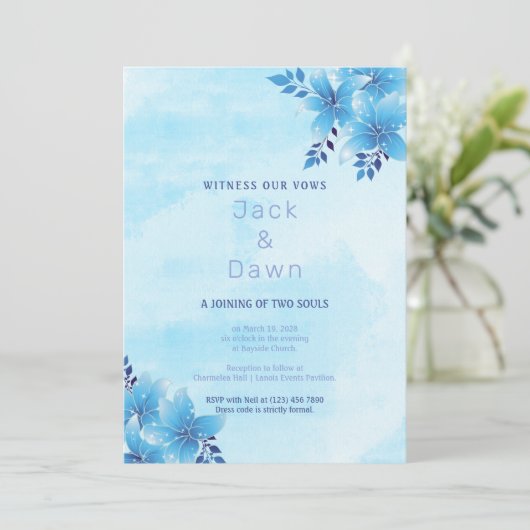 Blue Lily Wedding Einladung (Stehend Vorderseite)