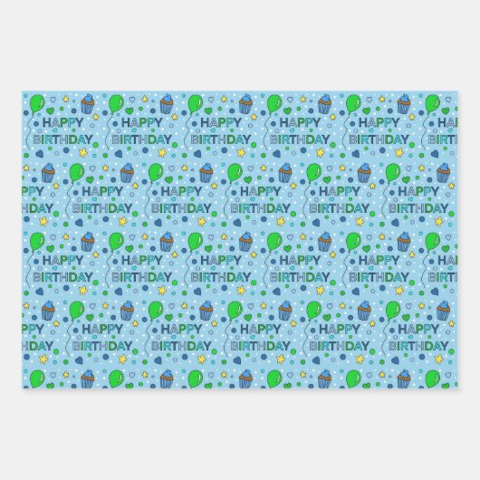 Blue, Lime Green und White Boy's Happy Birthday Geschenkpapier Set (Vorderseite 2)
