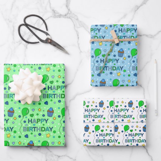 Blue, Lime Green und White Boy's Happy Birthday Geschenkpapier Set (Vorderseite)