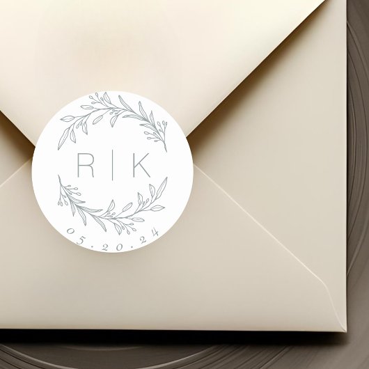 Blue Line Art Botanical Wreath Wedding Monogram Runder Aufkleber