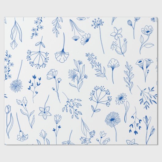 Blue Line Art Mixed Garden Sketch Blume Geschenkpapier (Flach)