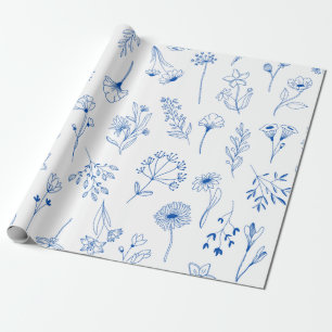 Blue Line Art Mixed Garden Sketch Blume Geschenkpapier