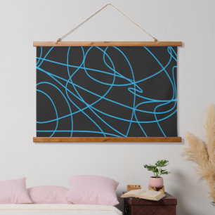 Blue Line Art on Black Wandteppich Mit Holzrahmen
