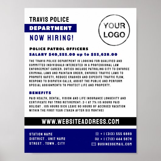 Blue Line & Logo, Polizeibeamter, Rekrutierung von Poster (Vorne)