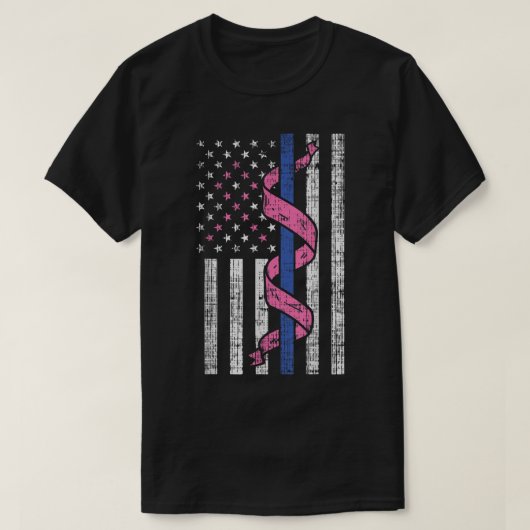 Blue Line Police US Flag Rosa Ribbon Brustkrebs T-Shirt (Design vorne)
