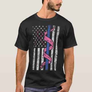 Blue Line Police US Flag Rosa Ribbon Brustkrebs T-Shirt