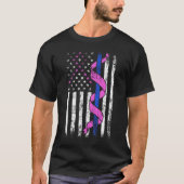 Blue Line Police US Flag Rosa Ribbon Brustkrebs T-Shirt (Vorderseite)