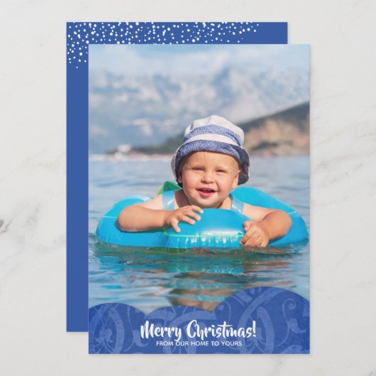 Blue Linen Filigree Foto Weihnachtskarte Feiertagskarte (Vorne/Hinten)