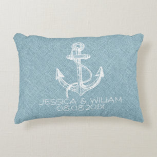 Blue Linen Print & White Boat Anchor Zierkissen