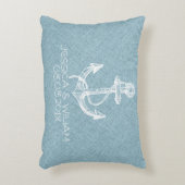 Blue Linen Print & White Boat Anchor Zierkissen (Vorderseite(Vertikal))