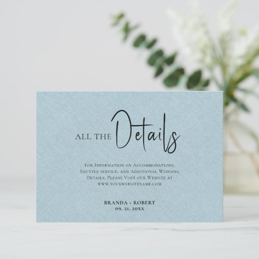 Blue Linen Simple Black Script Wedding Details Einladung (Stehend Vorderseite)