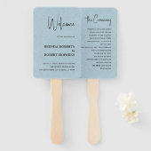 Blue Linen Simple Black Script Wedding Hand Fan Fächer (Vorne und Hinten)