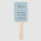 Blue Linen Simple Black Script Wedding Hand Fan Fächer (Vorderseite)