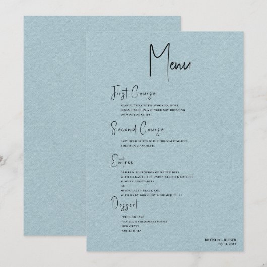 Blue linen Simple Black Script Wedding Menu Einladung (Vorne/Hinten)