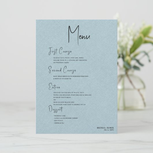 Blue linen Simple Black Script Wedding Menu Einladung (Stehend Vorderseite)