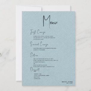 Blue linen Simple Black Script Wedding Menu Einladung