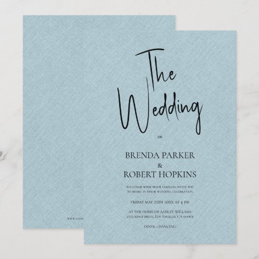 Blue linen Simple Black Script Wedite Einladung (Vorne/Hinten)