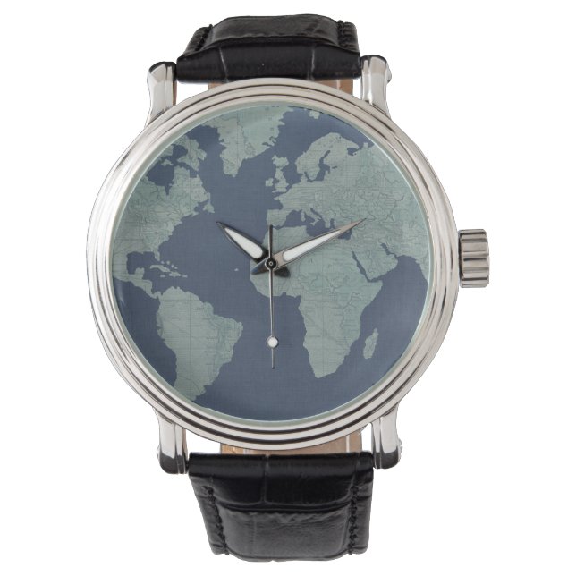 Blue Linen World Map Armbanduhr (Vorderseite)