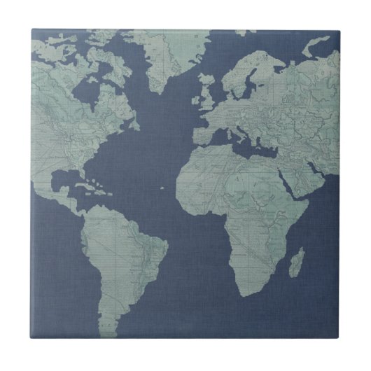 Blue Linen World Map Fliese (Vorderseite)