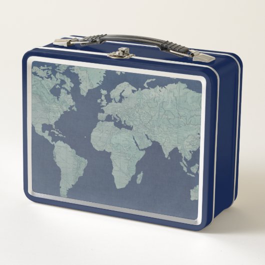 Blue Linen World Map Metall Lunch Box (Vorderseite)