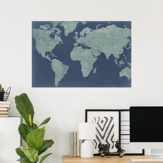 Blue Linen World Map Poster (Heimbüro)