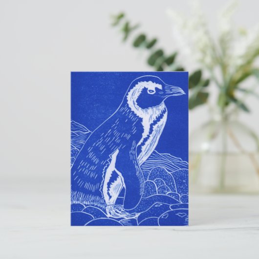 Blue Linocut Penguin Postkarte (Stehend Vorderseite)