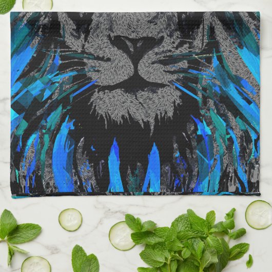 Blue Lion Head - Lion Portrait - Löwenfront Geschirrtuch (Gefaltet)