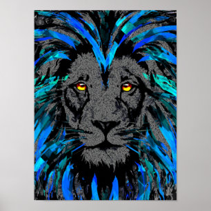 Blue Lion Head - Lion Portrait - Löwenfront Poster